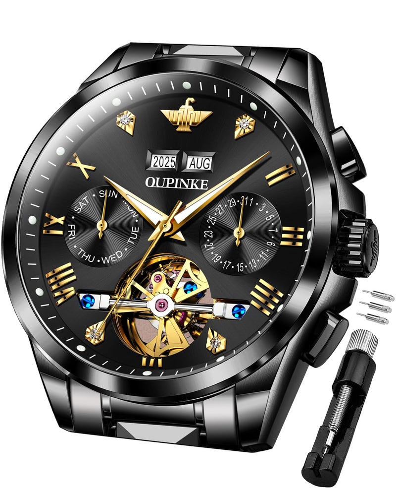 OUPINKE Men's Automatic Watch 44mm Big Dial,Luxury Mechanical Wristwatch,Sapphire Crystal Glass,50M Waterproof, Tungsten Steel with Date Display (Blue Dial, Two Tone Tungsten Steel Strap) - Image 4