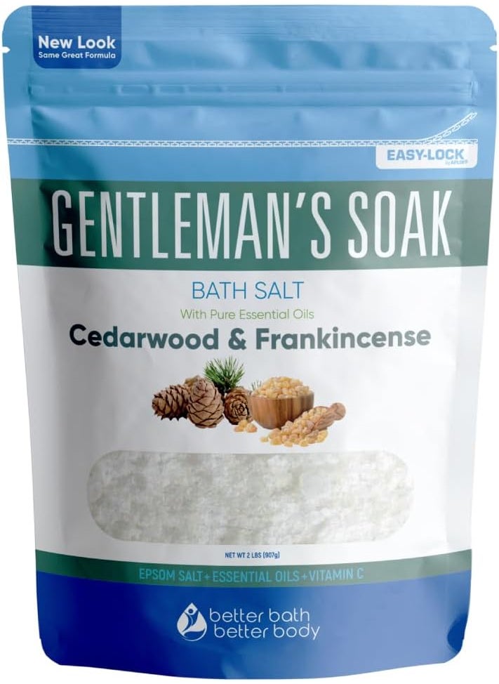 Better Bath Better Body Gentlemans Bath Salt 32 Ounces Epsom Salt with Natural Cedarwood Frankincense Eucalyptus and Peppermint Essential Oils Plus Vitamin C in BPA Free Pouch with Easy PressLock Seal 