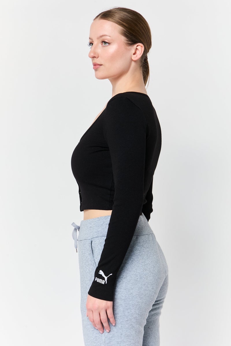 PUMA بلوزة نسائية بأكمام طويلة وقصة على شكل حرف U، سوداء - Image 3