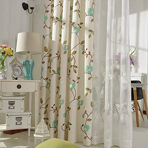 VOGOL Rustic Style Grommet Curtains 84 Inch Length Mint Green Floral Embroidered Elegant Light Filtering Window Drapes for Living Room Bedroom Guest Room 52 x 84 Inch 2 Panels