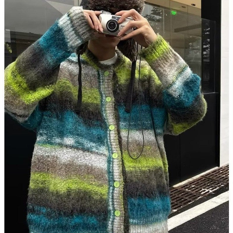High Quality Color Matching Striped Knitted Sweater 2024 Autumn Winter Men And Women All Match Cardigan Loose Casual Couple Jacket - Image 3