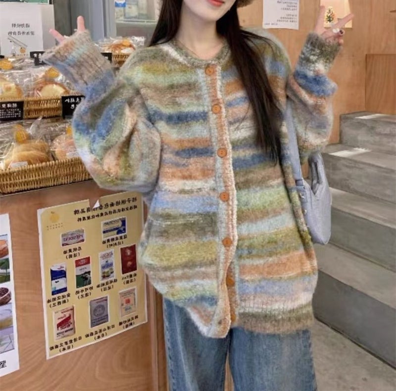 High Quality Color Matching Striped Knitted Sweater 2024 Autumn Winter Men And Women All Match Cardigan Loose Casual Couple Jacket - Image 1