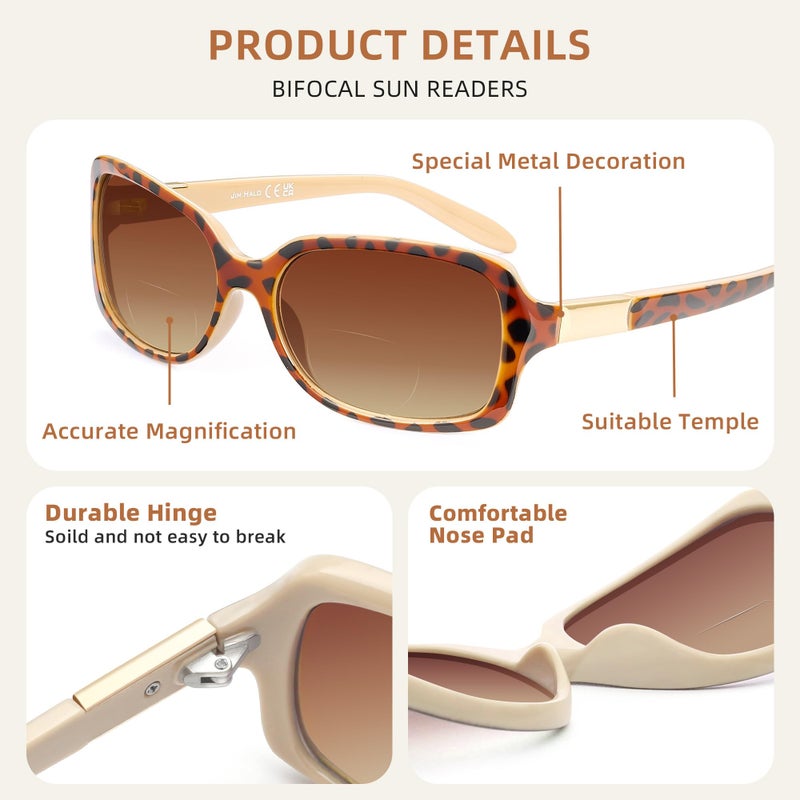 JM 2 Pack Classic Bifocal Reading Glasses Square Stylish Gradient Sunglasses Readers for Women +1.75 - Image 4