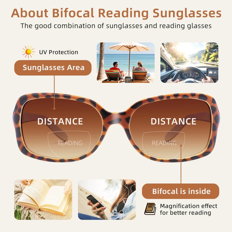 JM 2 Pack Classic Bifocal Reading Glasses Square Stylish Gradient Sunglasses Readers for Women +1.75 - Image 3