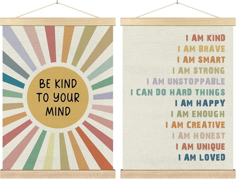 BCUANGD Positive Affirmations Wall Decor  Mental Health Wall Art Poster Hanger with Wood Frames Inspirational Colorful Sunshine Wall Hanging Canvas Decor for Home Kids Room 12x16 Inches - Image 1