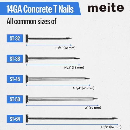 meite 14 Gauge Concrete Nails 400PCS 1-1/4" Length T Nails for Concrete Nailer Galvanized Rust-Proof T-Nails for Pneumatic Nail Gun Furring Strips - Image 3