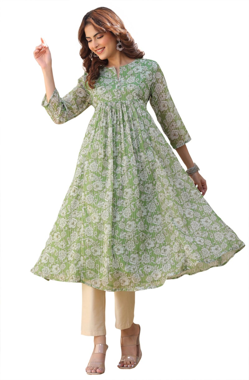 Janasya Women's Green Chiffon Lurex Floral Printed A-line Kurta (JAC24KR01836-L) - Image 1
