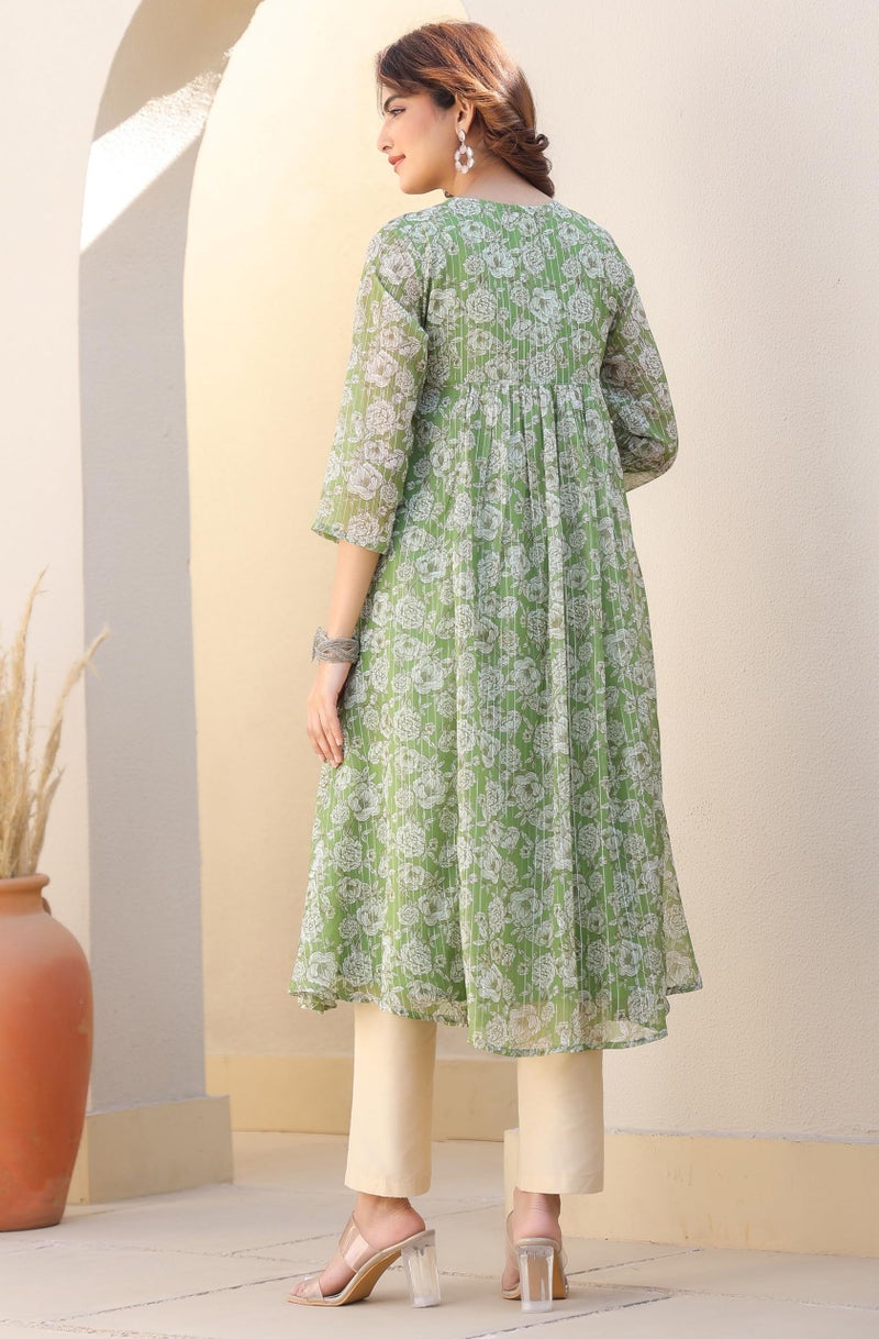 Janasya Women's Green Chiffon Lurex Floral Printed A-line Kurta (JAC24KR01836-L) - Image 4