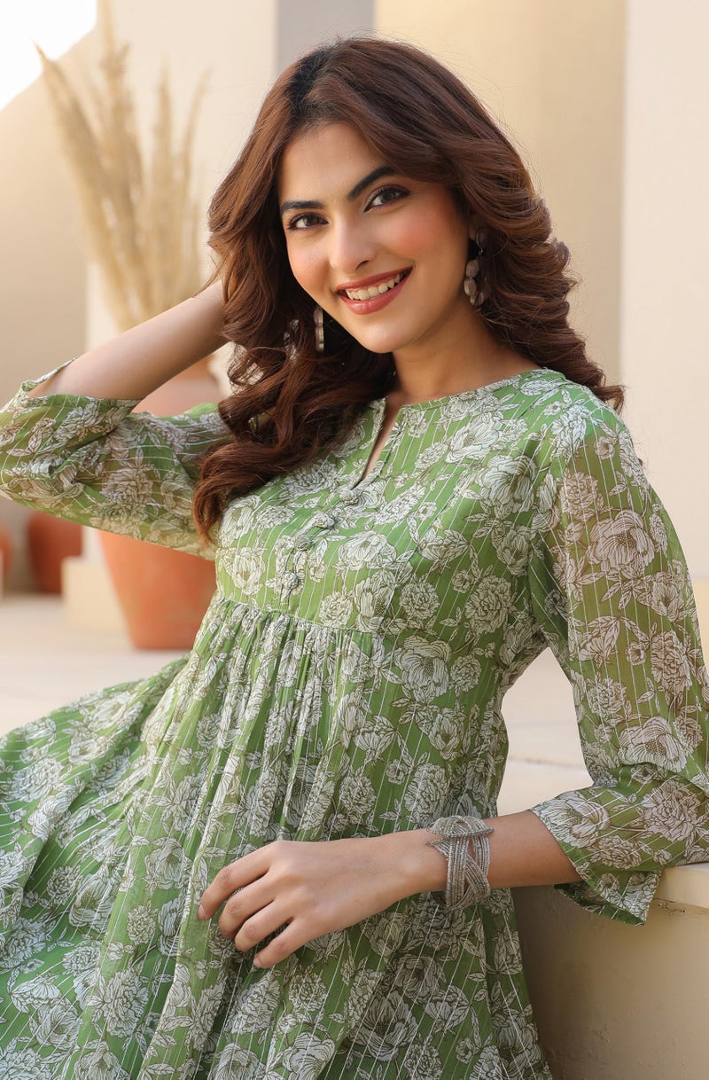 Janasya Women's Green Chiffon Lurex Floral Printed A-line Kurta (JAC24KR01836-L) - Image 2