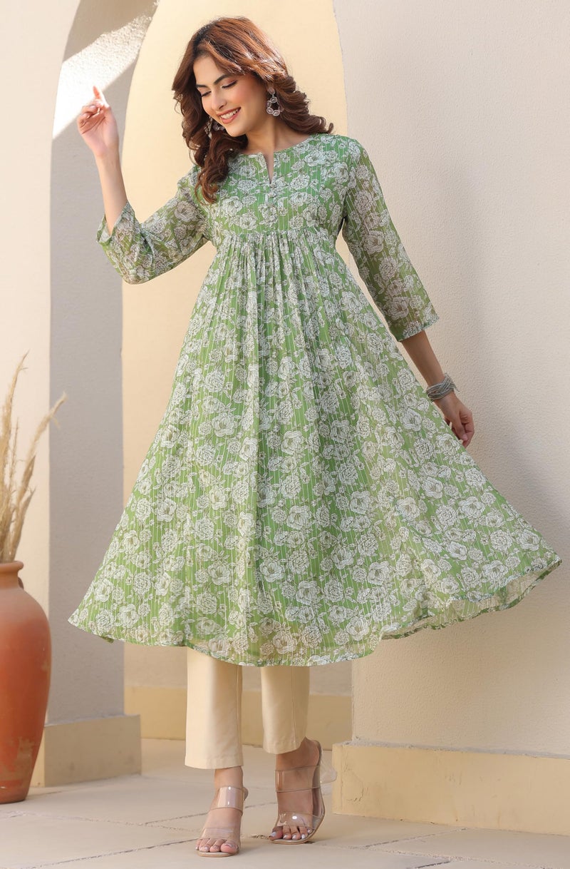 Janasya Women's Green Chiffon Lurex Floral Printed A-line Kurta (JAC24KR01836-L) - Image 5