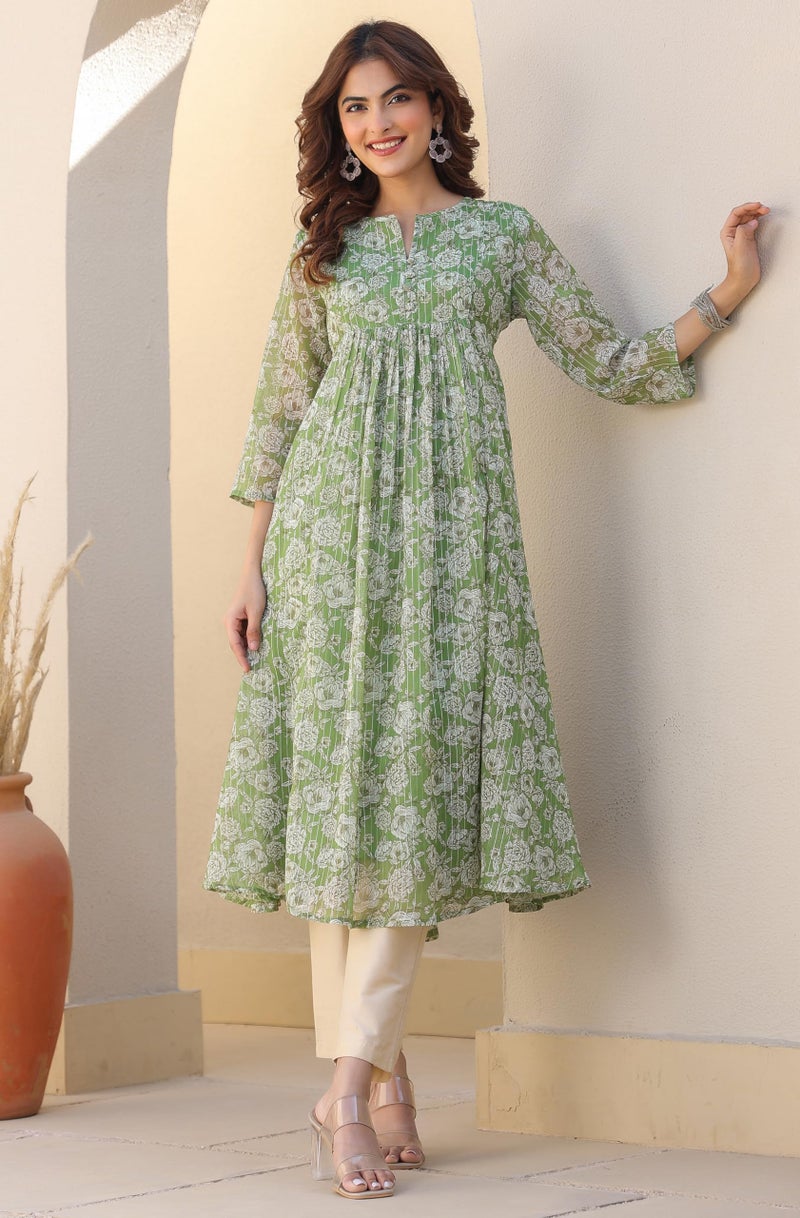Janasya Women's Green Chiffon Lurex Floral Printed A-line Kurta (JAC24KR01836-L) - Image 3