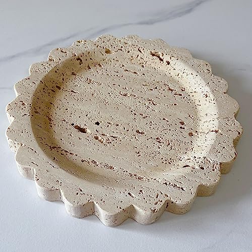 SAIDKOCC Travertine Marble Tray Round Scalloped Tray Small Serving Platter for Counter, Bathroom, Kitchen, Nightstand, Jewelry Ring Dish Holder (Beige Travertine) - Image 2