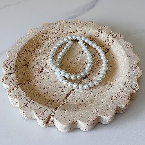 SAIDKOCC Travertine Marble Tray Round Scalloped Tray Small Serving Platter for Counter, Bathroom, Kitchen, Nightstand, Jewelry Ring Dish Holder (Beige Travertine) - Image 3