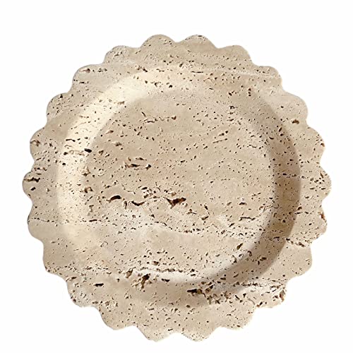 SAIDKOCC Travertine Marble Tray Round Scalloped Tray Small Serving Platter for Counter, Bathroom, Kitchen, Nightstand, Jewelry Ring Dish Holder (Beige Travertine) - Image 1