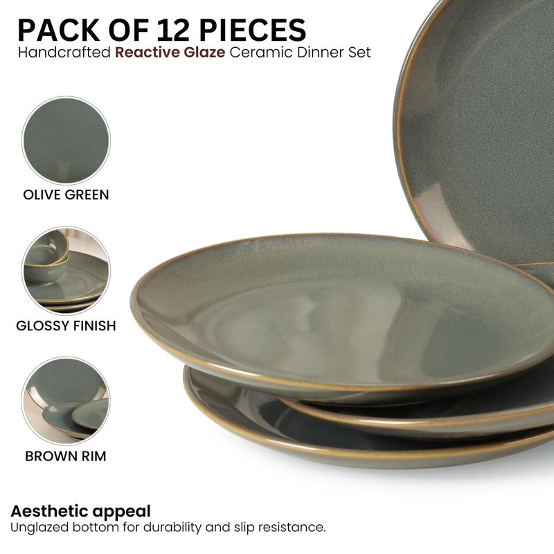 THE WHITE SPACE LIVING طقم عشاء سيراميك مصنوع يدويًا من THE WHITE SPACE LIVING، 12 قطعة | آمن للاستخدام في الميكروويف وغسالة الصحون، خالي من رماد العظام، طقم أواني للطعام والهدايا - زيتون أخضر - Image 3