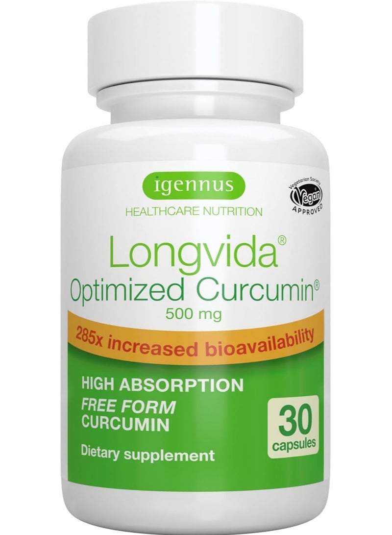 Longvida Optimized Curcumin 500mg, Ultra Bioavailable & Sustained Action, Vegan - 30 Capsules