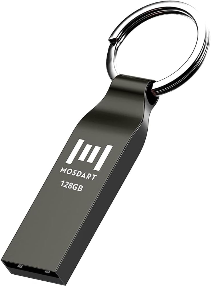 موس دارت محرك أقراص فلاش MOSDART مقاوم للماء بسعة 128GB USB 2.0 مع سلسلة مفاتيح، بتنسيق exFAT، محرك إبهام معدني، محرك أقراص مضغوط 128GB، محرك أقراص مقاوم للصدمات 128G، عصا ذاكرة للتخزين والنسخ الاحتياطي، رمادي تيتانيوم - Image 1