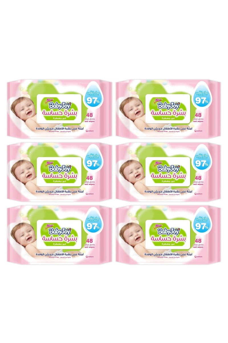 Baby Joy Sensitive Skin Wet Wipes, Unscented, 48 Wipes - 6pcs - Image 1