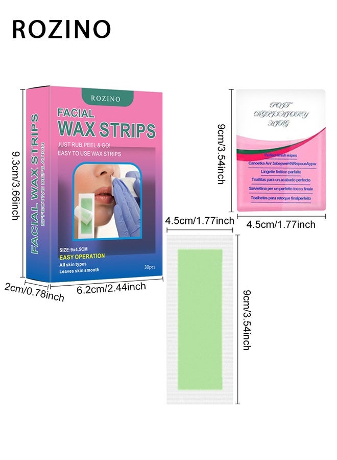 روزينو 30 قطعة (4.5 * 9 سم) شرائط شمع سريعة وفعالة لإزالة الشعر للوجه والحواجب الخدود العليا لإزالة الشعر طقم إزالة الشعر سريع غير مؤلم مناسب لجميع أنواع البشرة - Image 2