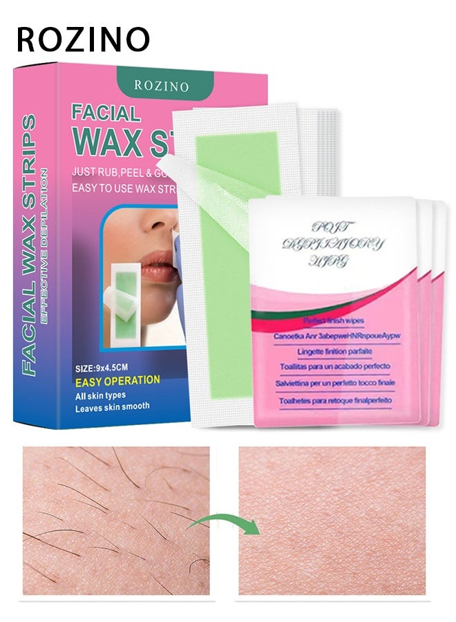 روزينو 30 قطعة (4.5 * 9 سم) شرائط شمع سريعة وفعالة لإزالة الشعر للوجه والحواجب الخدود العليا لإزالة الشعر طقم إزالة الشعر سريع غير مؤلم مناسب لجميع أنواع البشرة - Image 1