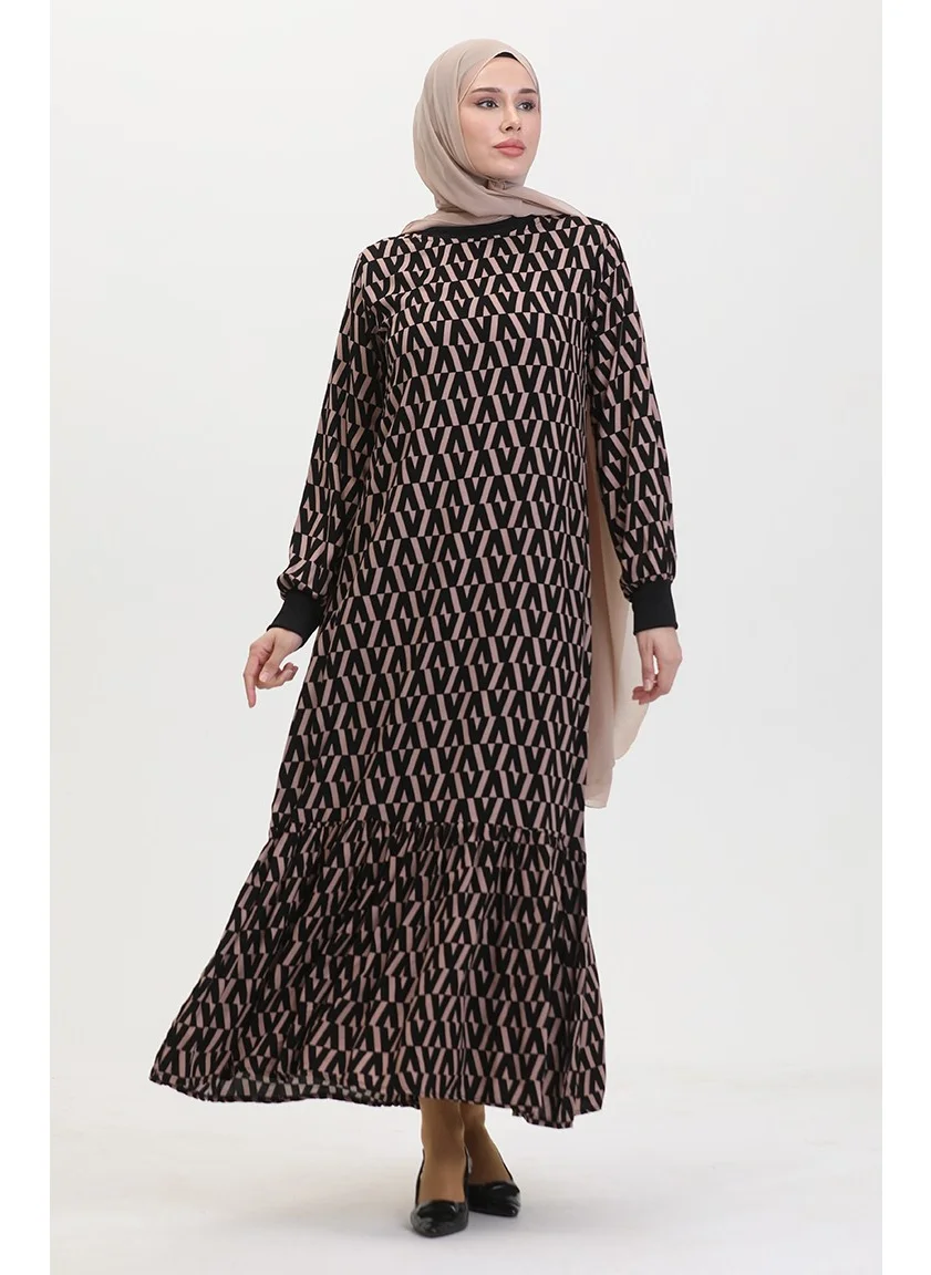 Sefa Merve Patterned Dress 0456-01 Black Beige