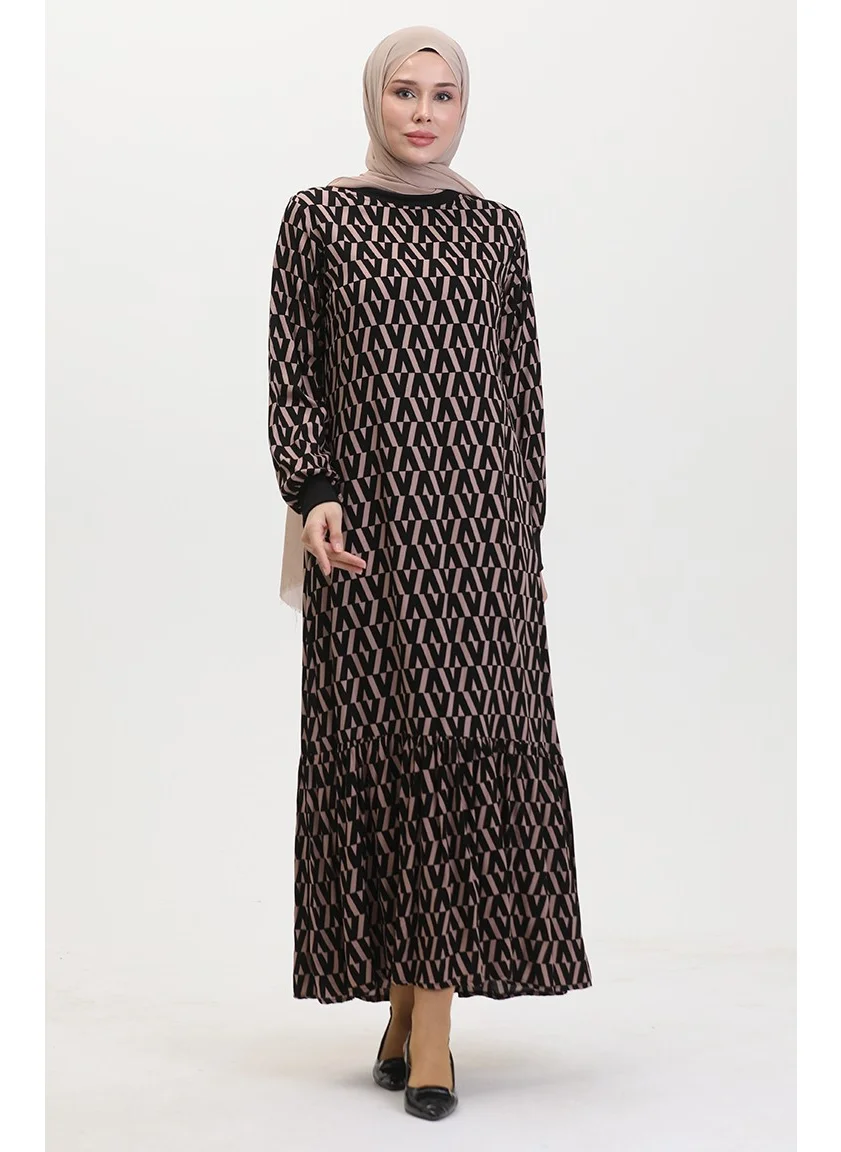 Sefa Merve Patterned Dress 0456-01 Black Beige