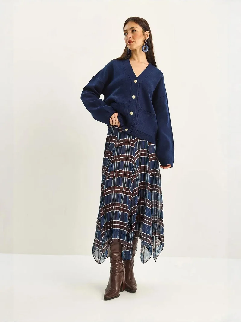 Bianco Lucci Navy Blue LUCCI Lined Checkered Midi Skirt for Women | Best Price UAE