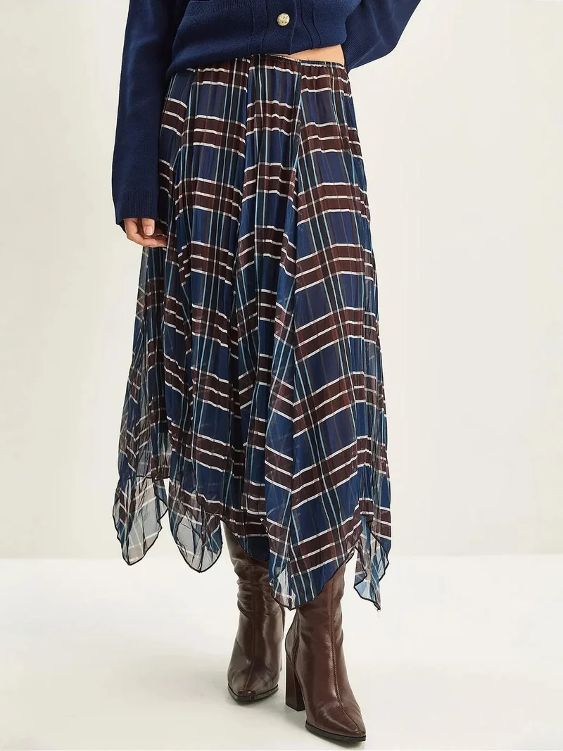 Bianco Lucci Navy Blue LUCCI Lined Checkered Midi Skirt for Women | Best Price UAE