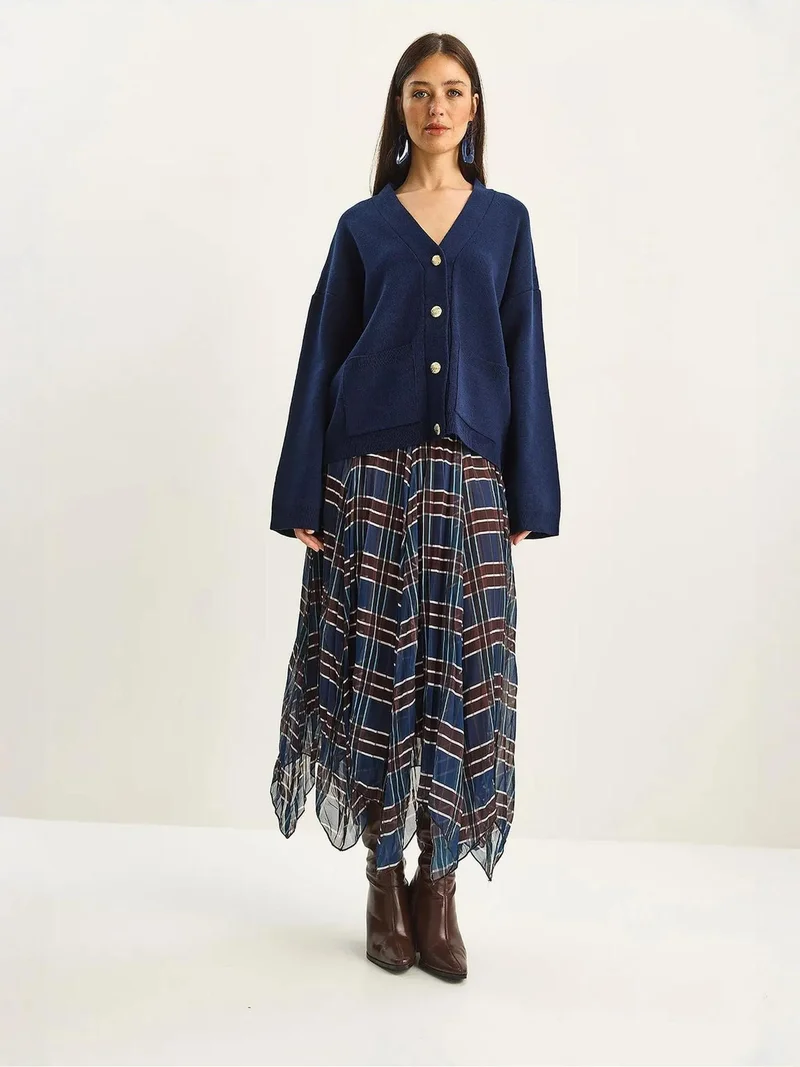 Bianco Lucci Navy Blue LUCCI Lined Checkered Midi Skirt for Women | Best Price UAE
