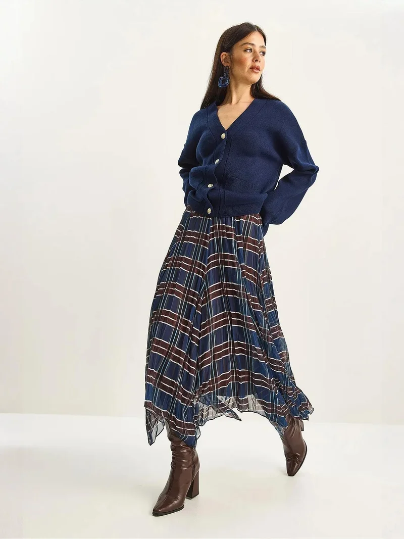 Bianco Lucci Navy Blue LUCCI Lined Checkered Midi Skirt for Women | Best Price UAE