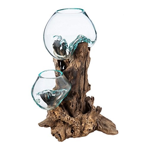 Cape Craftsmen كاب كرافتسمين 12" ارتفاع زجاج ملون يدوي الصنع على خشب الساج الطبيعي | ديكور منزلي مزهرية داخلية مع قاعدة | وعاء للصبار والنباتات - Image 1