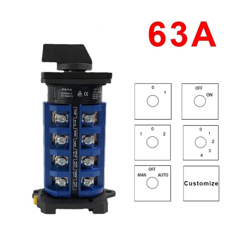 LW26 63 63A 690V 4 Pole Universal Changeover Cam Switch DIN Rail Mounted MAN OFF AUTO - Image 3
