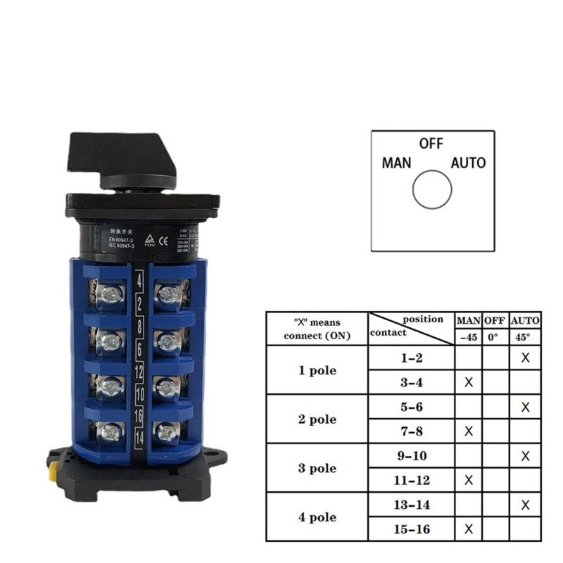LW26 63 63A 690V 4 Pole Universal Changeover Cam Switch DIN Rail Mounted MAN OFF AUTO - Image 5