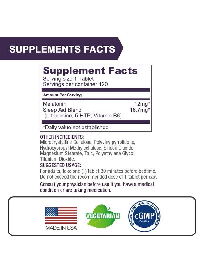 Lovita Lovita Melatonin 12 mg Fast Dissolve Tablets, Exclusive Formula with Vitamin B6, L-Theanine and 5-HTP 120 Tablets  - Image 2