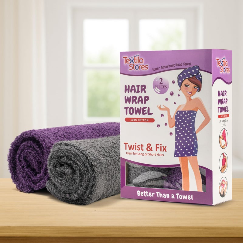 Textila Stores Textila 100% Cotton Hair Wrap Towels for Women (Pack of 2, Plum & Grey) â€“ Soft & Absorbent Turban Towels for Long, Curly, Frizz-Prone Hair - Image 2