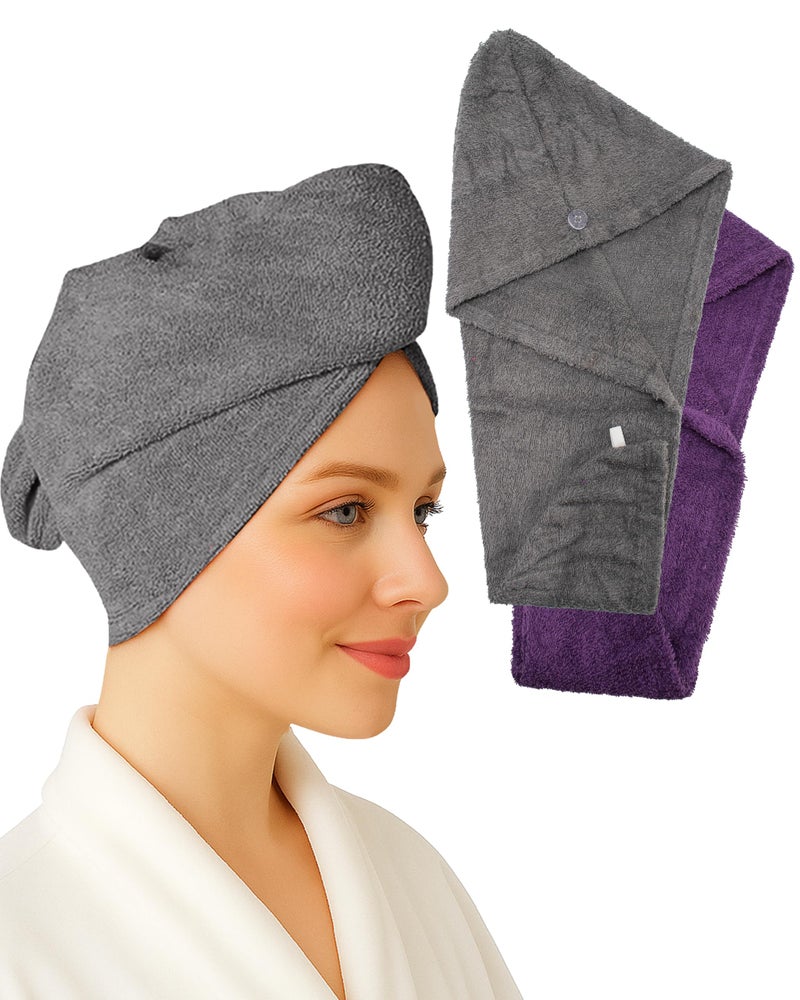 Textila Stores Textila 100% Cotton Hair Wrap Towels for Women (Pack of 2, Plum & Grey) â€“ Soft & Absorbent Turban Towels for Long, Curly, Frizz-Prone Hair - Image 1