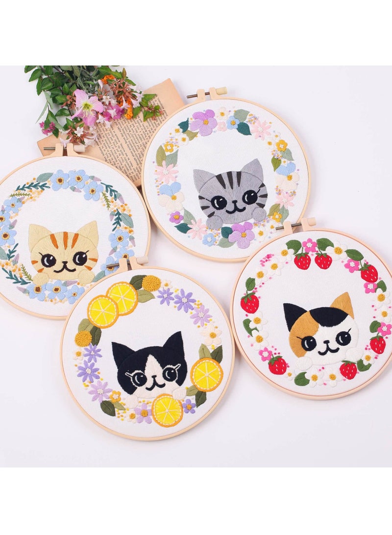 Beginner Embroidery Kit with Cute Cat Pattern, Includes Stamped Cloth, Hoops, Multicolor Threads, Adult Cross Stitch Needlepoint Kit, 4Pcs - Image 3