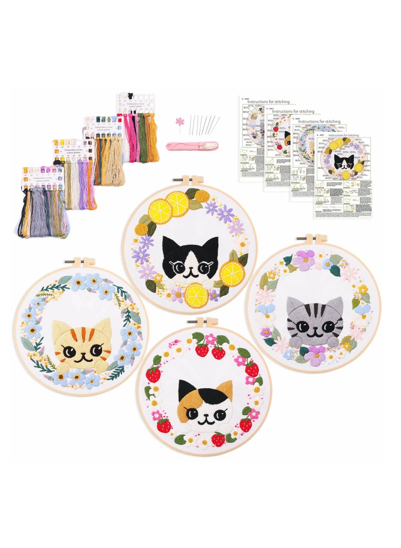 Beginner Embroidery Kit with Cute Cat Pattern, Includes Stamped Cloth, Hoops, Multicolor Threads, Adult Cross Stitch Needlepoint Kit, 4Pcs - Image 1