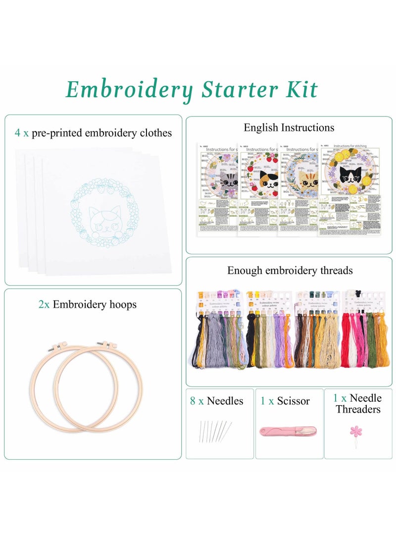Beginner Embroidery Kit with Cute Cat Pattern, Includes Stamped Cloth, Hoops, Multicolor Threads, Adult Cross Stitch Needlepoint Kit, 4Pcs - Image 2