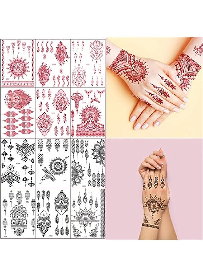12 ورقة من ملصقات الحناء الحمراء والسوداء بتصميم Xmasir، مقاومة للماء ومثالية لحفلات زفاف النساء. - Image 1