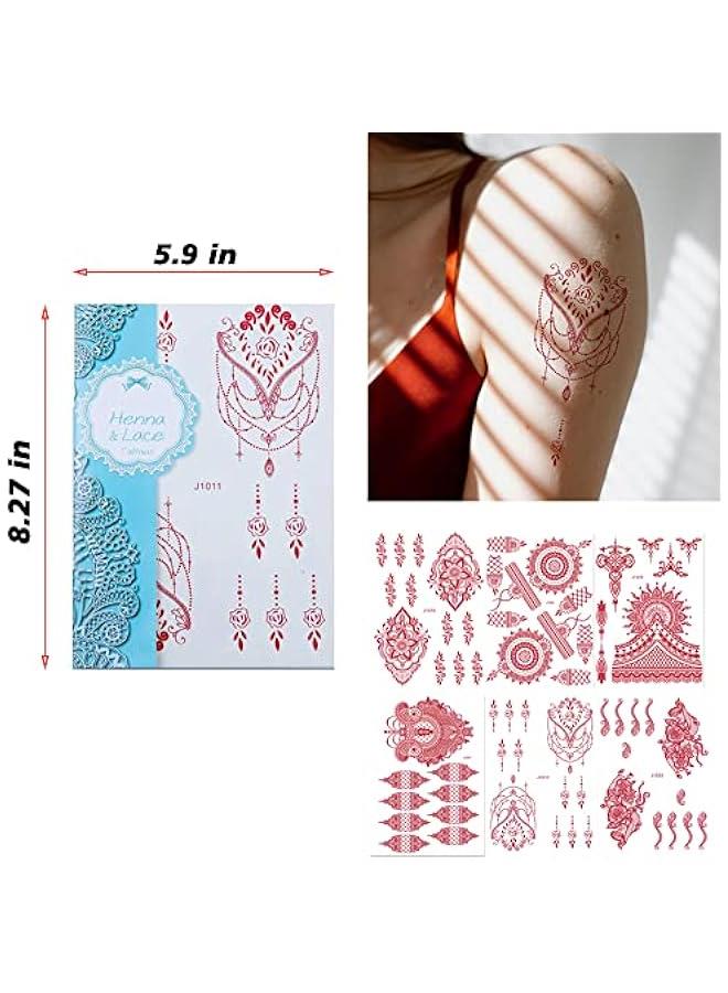 12 ورقة من ملصقات الحناء الحمراء والسوداء بتصميم Xmasir، مقاومة للماء ومثالية لحفلات زفاف النساء. - Image 2