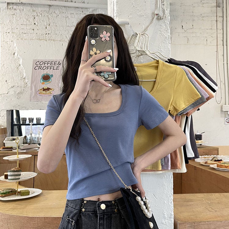 Summer Short T-Shirt For Women Pure Color High-Waisted Slimming Look Versatile Short-Sleeved Square Neck Top Trendy - Image 2