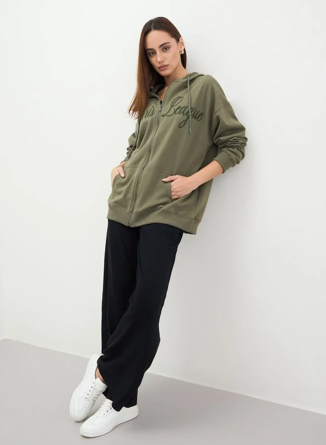 Styli Khaki Longline Sweatshirt with Embroidered Detail