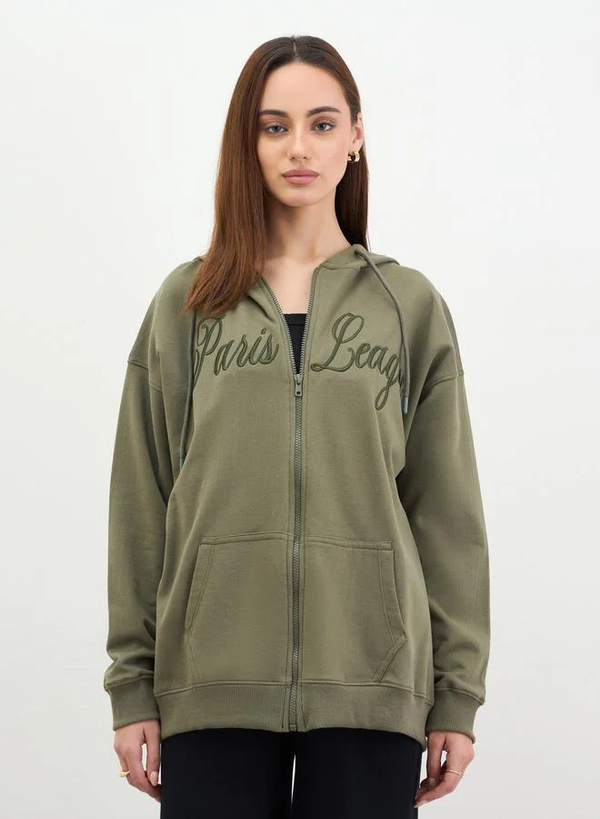 Styli Khaki Longline Sweatshirt with Embroidered Detail