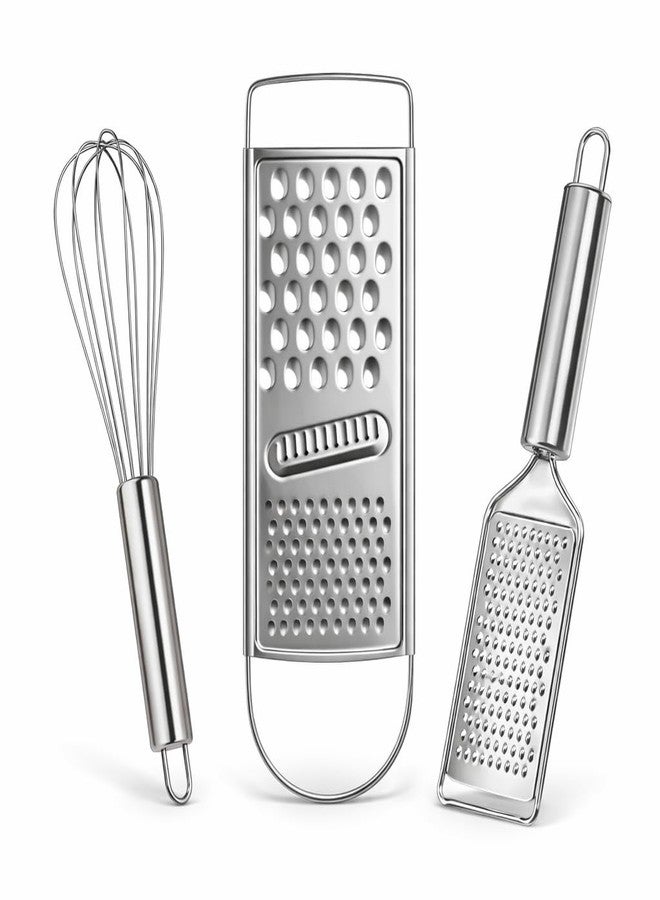 ADIMAC Stainless Steel Kitchen Tool Set 3 Pieces with Flat Grater, Handheld Cheese & Vegetable Grater and Egg Whisk Beater, Durable Rust Resistant Cooking Tools for Kitchen, Easy to Clean, Strong Grip Handle - Image 1