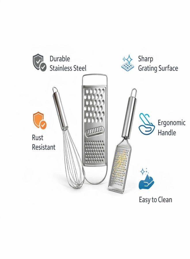 ADIMAC Stainless Steel Kitchen Tool Set 3 Pieces with Flat Grater, Handheld Cheese & Vegetable Grater and Egg Whisk Beater, Durable Rust Resistant Cooking Tools for Kitchen, Easy to Clean, Strong Grip Handle - Image 3