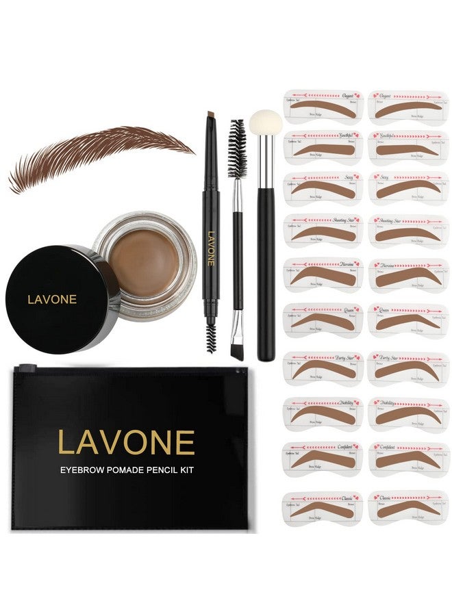 LAVONE Eyebrow Stamp Stencil Kit, Brow Stamp Trio Kit With Waterproof Eyebrow Pencil, Pomade, 20 Eyebrow Stencils, Dual-Ended Eyebrow Brush And Sponge Applicator - Soft Brown  - Image 1