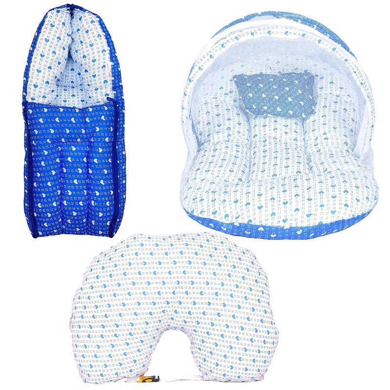 Kids Charm DottedHeart 3 PCS Combo Set 3 in 1 Babys Cotton Bed Cum Carry Bed5 in 1 Babys Cotton Breast Feeding Pillow with Safety Belt2 in 1 Babys Cotton with Mosquito Net for 04 MonthsBlue