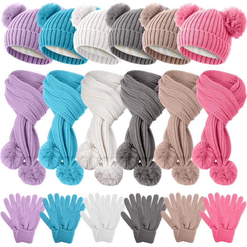 ShinyMatch 18 Pcs Kids Hat Gloves Scarf Winter Set, 6 Color for 5-10 Girl Boy Knit Beanie with Pom Fleece Neck Warmer Mittens(Purple, Blue, Beige, Pink, White, Gray) - Image 1