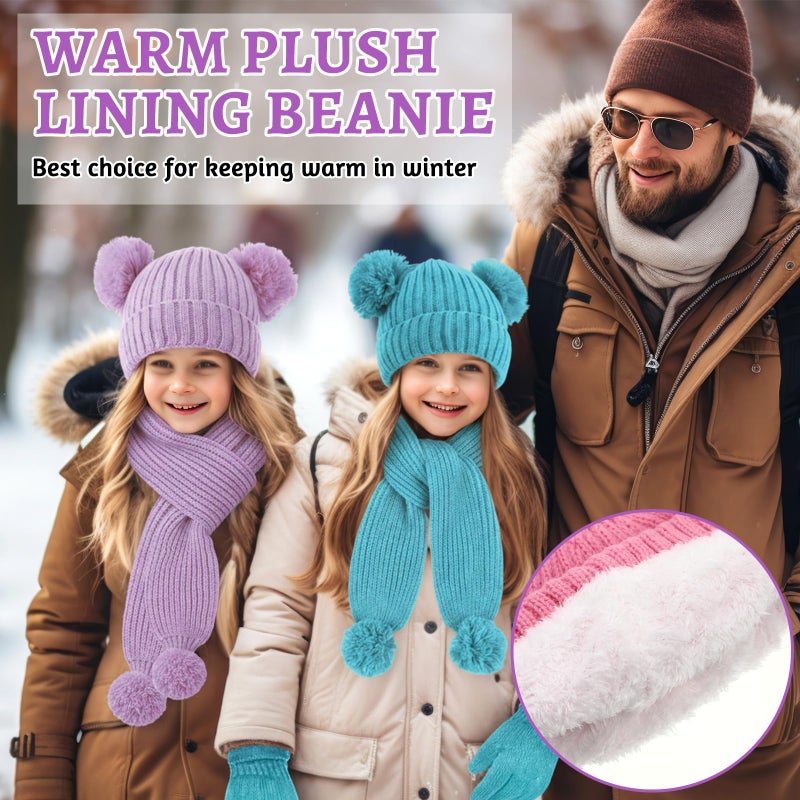 ShinyMatch 18 Pcs Kids Hat Gloves Scarf Winter Set, 6 Color for 5-10 Girl Boy Knit Beanie with Pom Fleece Neck Warmer Mittens(Purple, Blue, Beige, Pink, White, Gray) - Image 4
